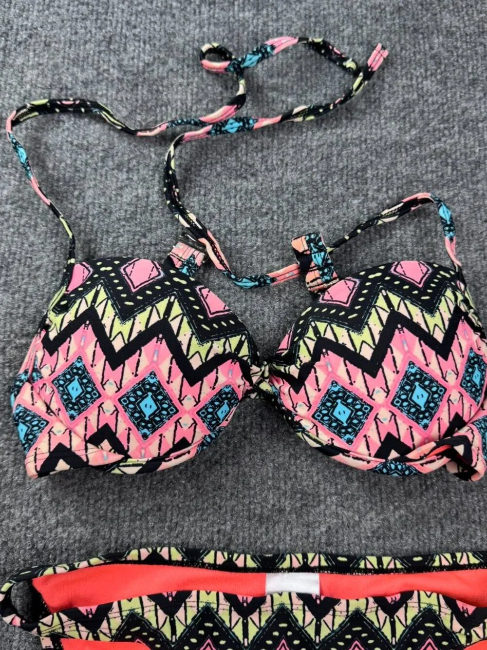 Xhilaration 2Pc Bikini Set Top S Bottom XS Push Up Halter Neon Geometric Tribal